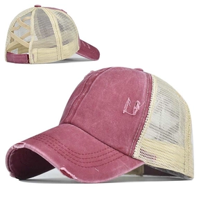 Casquette De Baseball Queue De Cheval Femme Criss Cross Messy Bun Trucker Hat Distressed Coton Mesh Visière Soleil