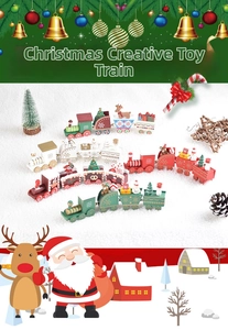 Detail of wooden Christmas train set in red, white, green and ginger holiday colors