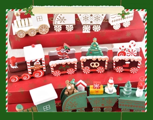 Detailed view of three festive wooden Christmas train sets in white, brown, and green
