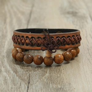 Bracelet vintage pour hommes en cuir avec perles de bois et détails tissés sur bois