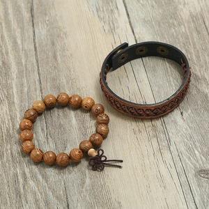 Ensemble bracelet rétro pour homme avec perles en bois et cuir tressé sur bois