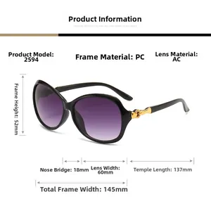 Detailed dimensions of oversized oval sunglasses with PC frame and AC purple lenses