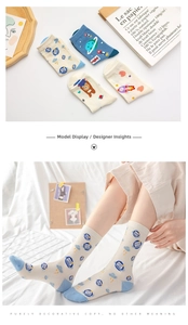 Detailed view of mid-tube cotton socks with space rocket and astronaut patterns