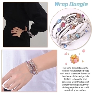 Bohemian multi-layer wrap bracelet featuring natural stones and metal flower charms