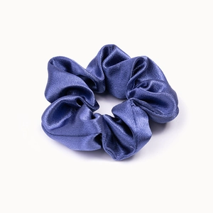 Navy blue crystal satin scrunchie hair tie with elegant silk gloss for women