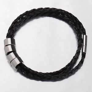Braided black leather bracelet with four polished silver stainless steel slider beads
