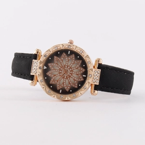 Starry sky dial ladies watch with rose gold case and black leather strap in elegant style
