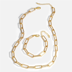 Hip hop gold paperclip chain necklace and bracelet set in polished stainless steel