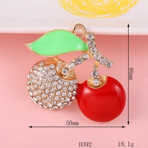 Detailed size view of rhinestone cherry charm accessory with dimensions and weight