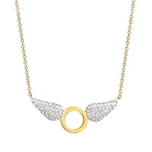 Gold titanium steel necklace featuring a round ring pendant and silver crystal angel wings