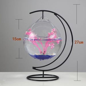 Hanging glass goldfish bowl with black metal C-stand and pink aquatic plant decor