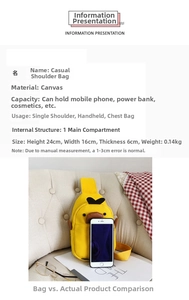 Detail view of cartoon yellow duck canvas chest bag showing size specs and casual lifestyle use