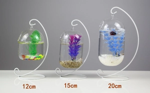 Three sizes of hanging glass fish tanks with white metal stands in 12cm, 15cm, and 20cm