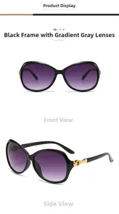 Detail of butterfly sunglasses showing gold metal ring hinge on black frames