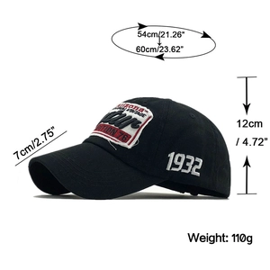Detail view of black vintage baseball cap showing embroidery dimensions and 1932 side patch