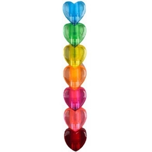 Vertical stack of seven transparent heart-shaped markers in a vibrant rainbow gradient