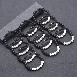 Set of 12 natural white turquoise and black lava rock zodiac bead bracelets for couples