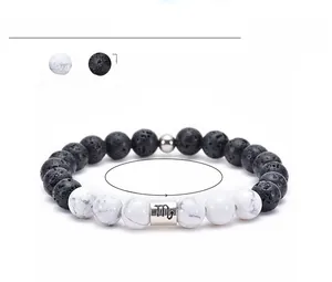 Macro view of 8mm white howlite and black lava stone beads for Virgo constellation bracelet