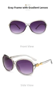 Close-up of transparent gray sunglasses with purple gradient lenses and gold bow details