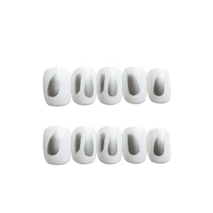 Silver art graffiti press-on nails with cat-eye glitter effect and square oval shape