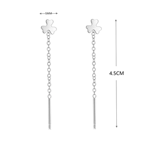 Detail of 925 sterling silver tassel earrings showing 5mm clover and 4.5cm length