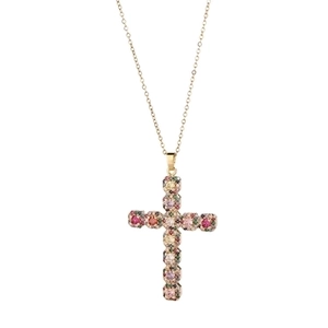 Chic gold cross pendant necklace with colorful cubic zirconia on a white background