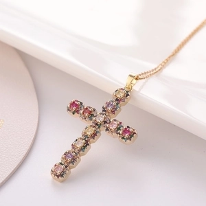 Fashionable gold cross necklace for men and women with colorful zircon stones inlay