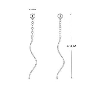 Detail of S925 silver wave tassel earrings featuring 3mm bead and 4.5cm long chain drop