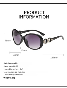 Detailed size chart for oversized women sunglasses with UV400 lens dimensions and specs
