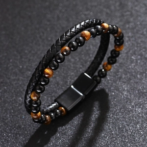 Bracelet Homme Double Couche Perles Œil De Tigre Naturel Pierre De Lave Cuir PU Tressé Fermoir Magnétique Bijoux Mode