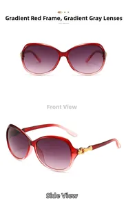 Detail of gradient red sunglasses with golden wavy metal hinges and grey lenses