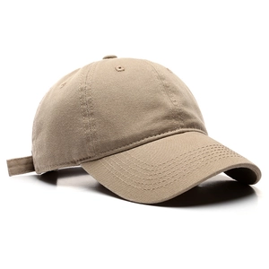 Unisex khaki washed cotton baseball cap with curved brim and minimalist plain design