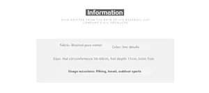 Detailed size chart for cotton baseball cap with adjustable 56-60cm circumference