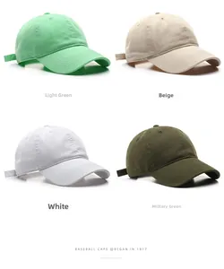 Detail of cotton baseball caps in light green, beige, white, and military green colors