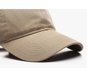 Detailed macro view of khaki cotton baseball cap showing neat stitching and twill texture