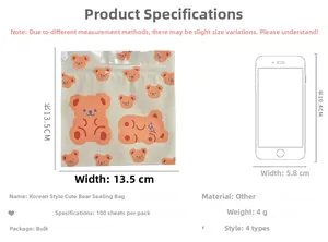 Detail view of cartoon bear snack bags sized 13.5x13.5cm with phone size comparison
