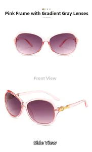Detail of pink oval sunglasses with gradient gray lenses and gold heart chain temples
