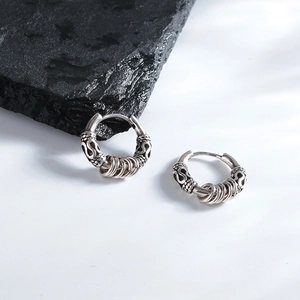 Men Vintage Hoop Earrings Copper Antique Silver Style Engraved Geometric Pattern Punk Hip Hop Jewelry