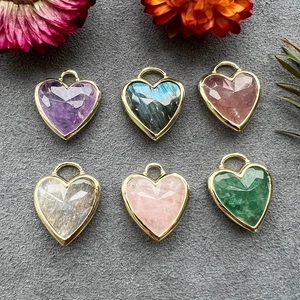 Natural Stone Heart Shaped Pendant Gold Plated Semi Precious Crystal Amethyst Labradorite Jewelry DIY Accessories Women