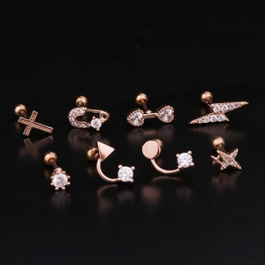 Set of 8 rose gold stainless steel cross ear studs with sparkling cubic zirconia stones