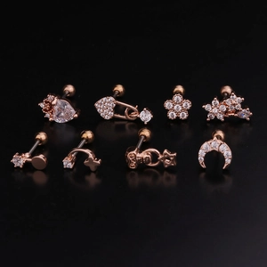 8-piece rose gold cartilage stud earring set with flower and heart zircon accents