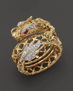Exquisite 18K gold-plated dragon ring with white diamonds and red gemstone eyes