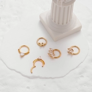 Detail of five gold stainless steel rings with zircon stones and snake design on stone