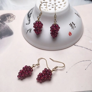 Garnet Grape Dangle Earrings Wine Red Hand Woven Fruit Shape Drop Jewelry Women Elegant