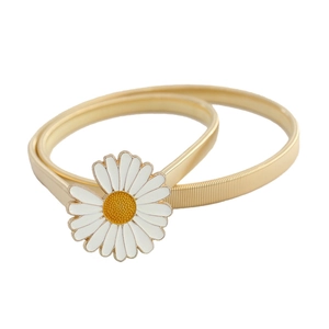Gold elastic spring waist belt for women with white daisy flower buckle decoration