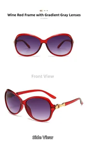 Detail of burgundy sunglasses with gradient grey lenses and golden floral metal accents