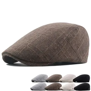 Men Ivy Cap Vintage Cotton Linen Flat Cap Beret Adjustable Metal Buckle Retro Newsboy Hat Spring Autumn Winter Sunshade