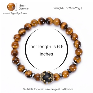 Natural tiger eye stone beaded bracelet with metal crown charm and 8mm round beads