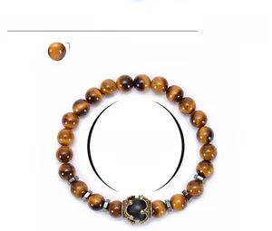 Detailed parameter view of 8mm tiger eye stone bracelet with bronze crown charm