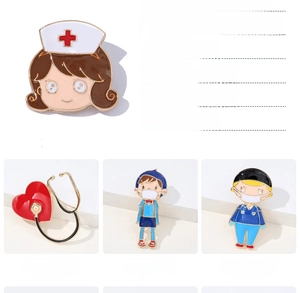 Detailed view of medical-themed alloy enamel pins featuring nurse and stethoscope designs